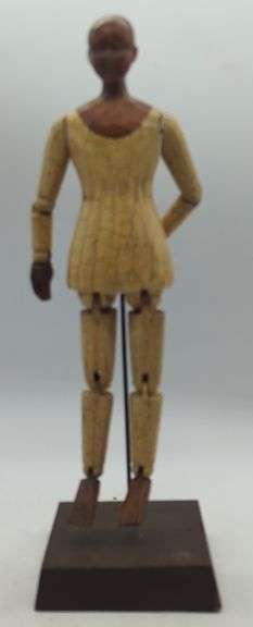 (DE) Wooden Carved Jointed Doll . Approx 15" tall.