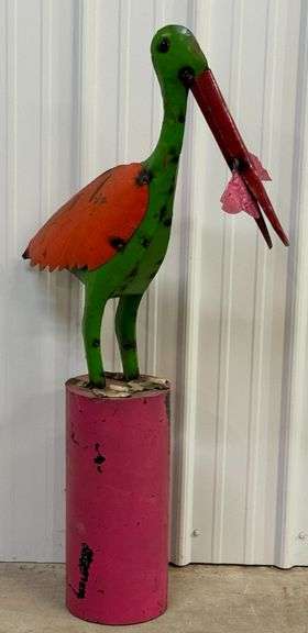 4ft Tall Metal Art Painted Pelican With Fish On Post Outdoor Sculpture