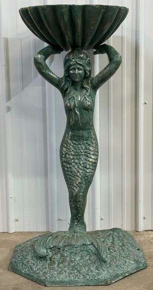 44in Tall Metal Mermaid Bird Bath, Patina Color