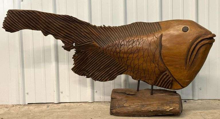 3.5ft Long Carved Wood Fish Sculpture