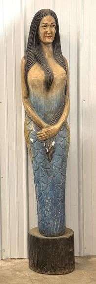 6.5ft Tall Carved Wood Mermaid Sculpture