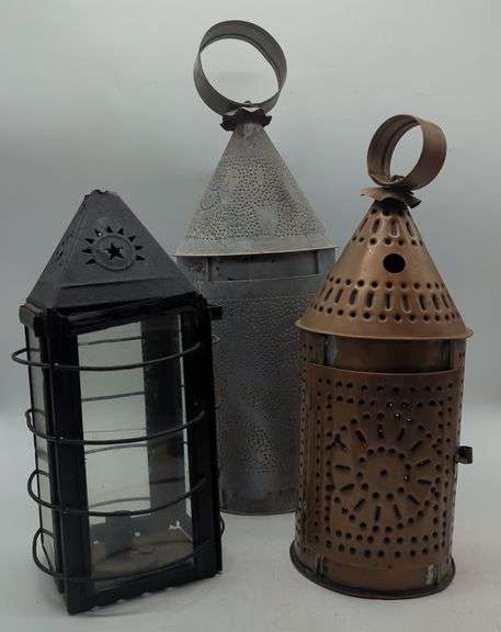 (DE) Vintage Punch Tin lanterns. Approx  17" tallest.