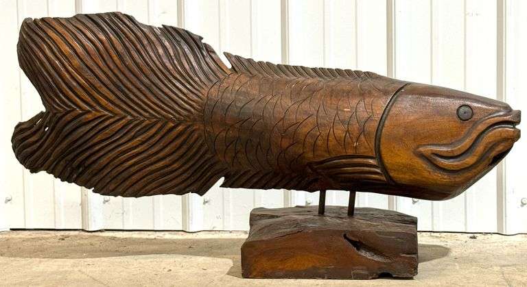 38in Long Carved Wood Fish Sculpture
