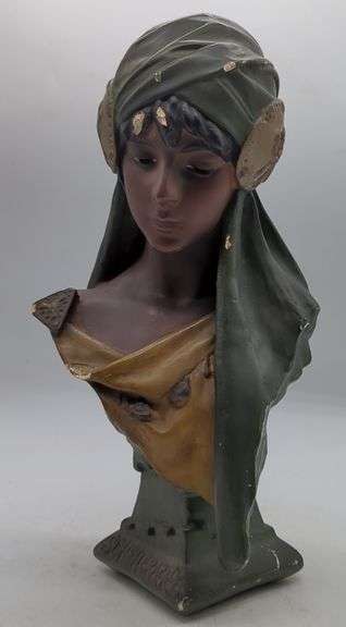 (DE) Vintage chalkware Bust of lady. ( Scheherazade). Approx 16" tall.