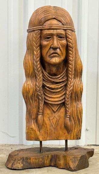 2ft Tall Carved Wood Native American Indian Bust Sculpture