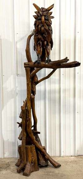 7-1/4ft Tall Teak Wood Owl On Branch Sculpture