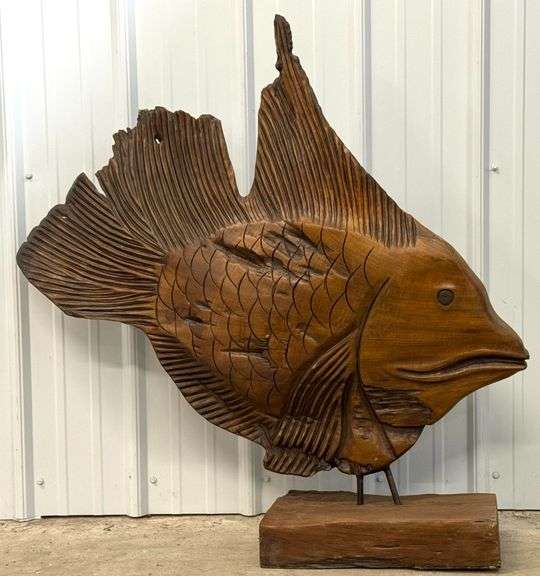 3ft Long Carved Wood Fish Sculpture