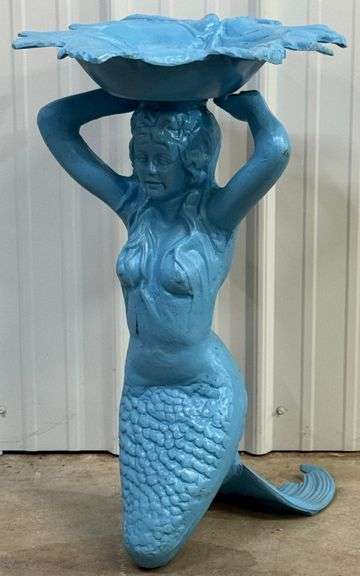 28in Tall Mermaid Cast Aluminum Birdbath, Painted Blue