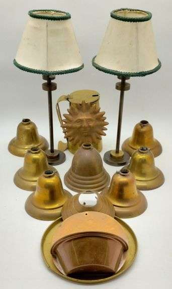 (DE) Oil lamps with shades (14.5" tall), brass bell light ceiling mounts, and a mug (6.5" tall).