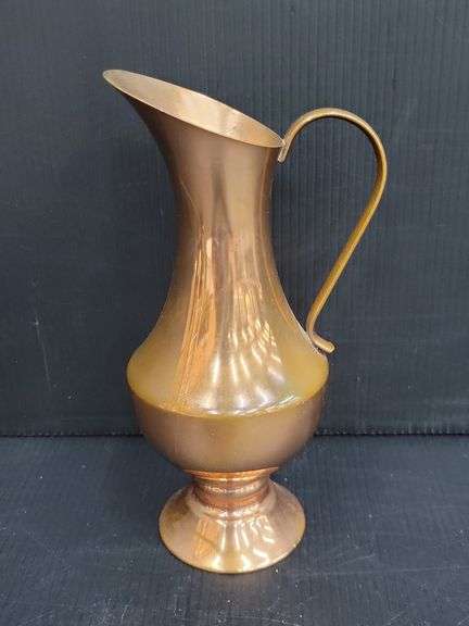 (Q) Small Brass Vase With Floral Design And Copper Pitcher