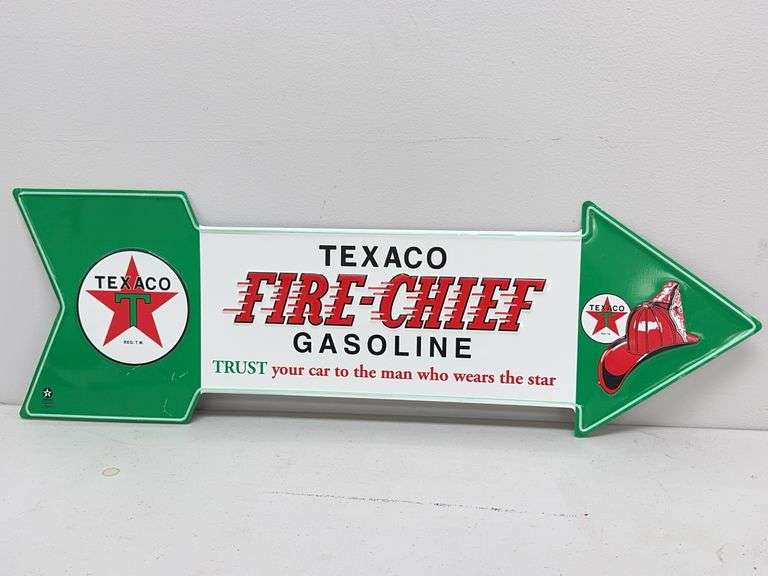 Texaco Fire Chief Embossed Metal Arrow Sign