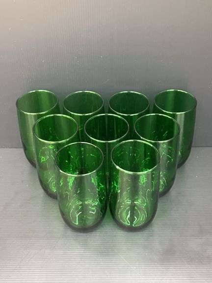 (Q) 9 Anchor Hocking Roly Poly Forest Green Juice/ Iced Tea Glasses