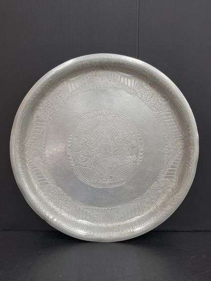 (Q) Vintage Hand-Wrought Aluminum Serving Trays And Plates With Floral Designs