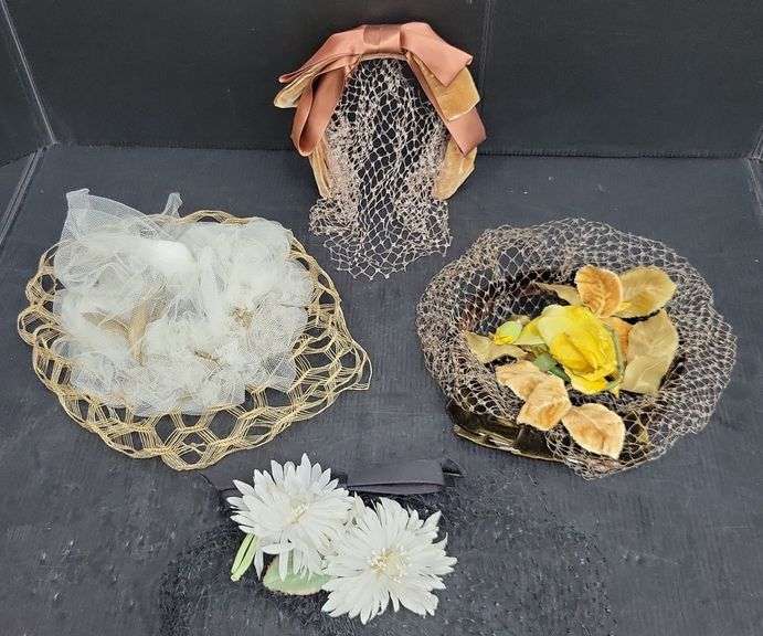 (Q) Four Vintage Ladies Pillbox Hats And Hairpins With Decorative Flowers And Tulle