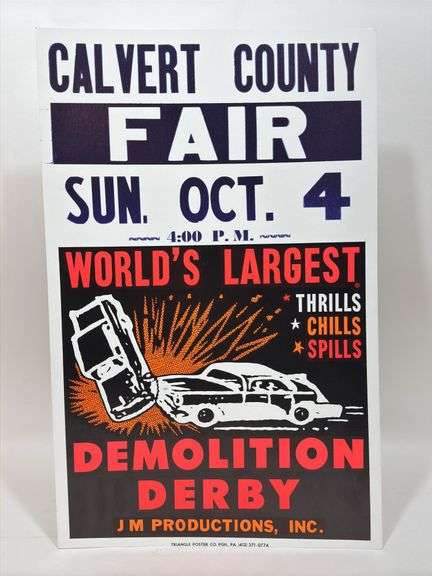 Vintage Calvert County Fair Demolition Derby Card Stock Advertising Poster Sign