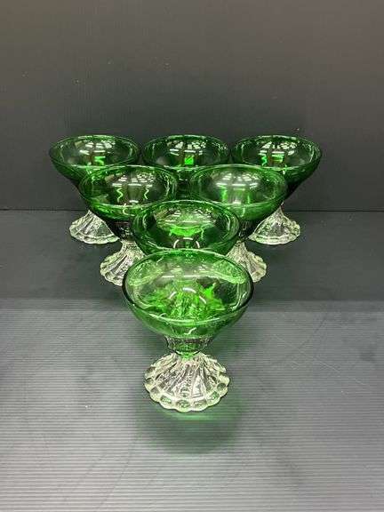 (Q) Set Of 7 Anchor Hocking Forest Green "Burple" Footed Champagne/Sherbet Glasses