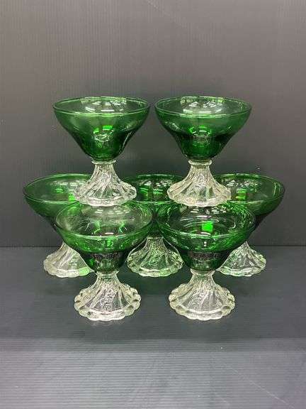 (Q) Set Of 7 Anchor Hocking Forest Green "Burple" Footed Champagne/Sherbet Glasses