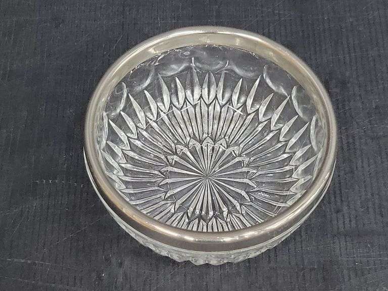 (Q) Macbeth-Evans Stippled Rose Band Pattern Clear Depression Glass Teacups & Saucers With Platinum Trim