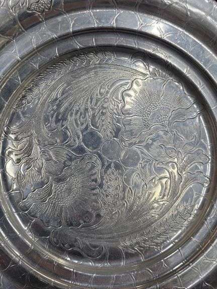 (Q) Vintage Hand-Wrought Aluminum Serving Trays And Plates With Floral Designs