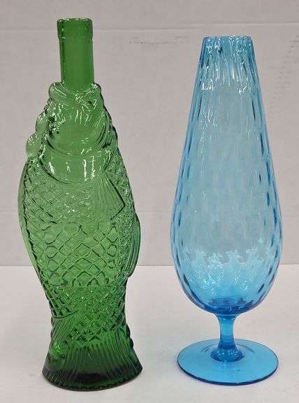 (Q) Italian Art Glass: MCM Blue Empoli Vase And Vintage Green Fish Decanter/Wine Bottle