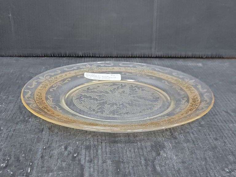 (Q) Three Macbeth-Evans Stippled Rose Band Clear Glass Plates With Hold Band