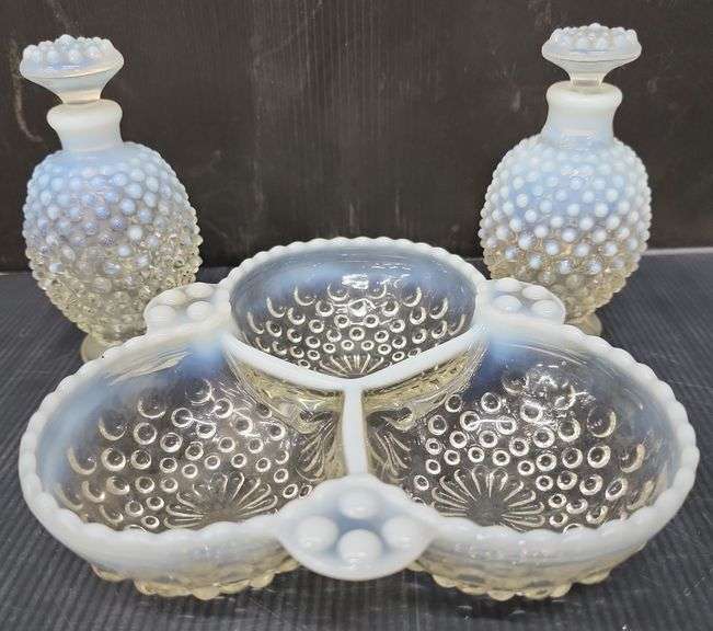 (Q) Fenton/Anchor Hocking Hobnail Moonstone Candy Dish & Bottles