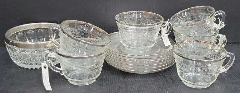 (Q) Macbeth-Evans Stippled Rose Band Pattern Clear Depression Glass Teacups & Saucers With Platinum Trim