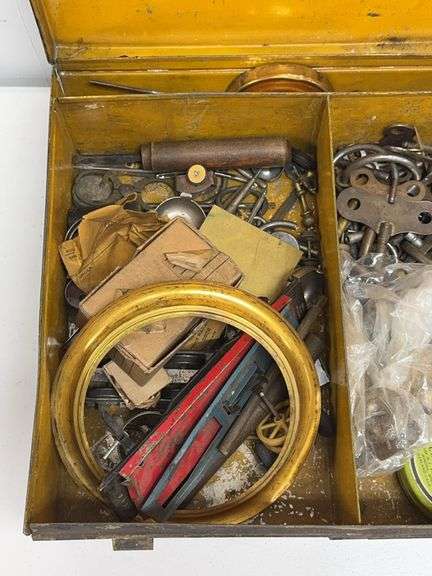 Vintage Tin Box Full Of Vintage Clock & Toy Parts