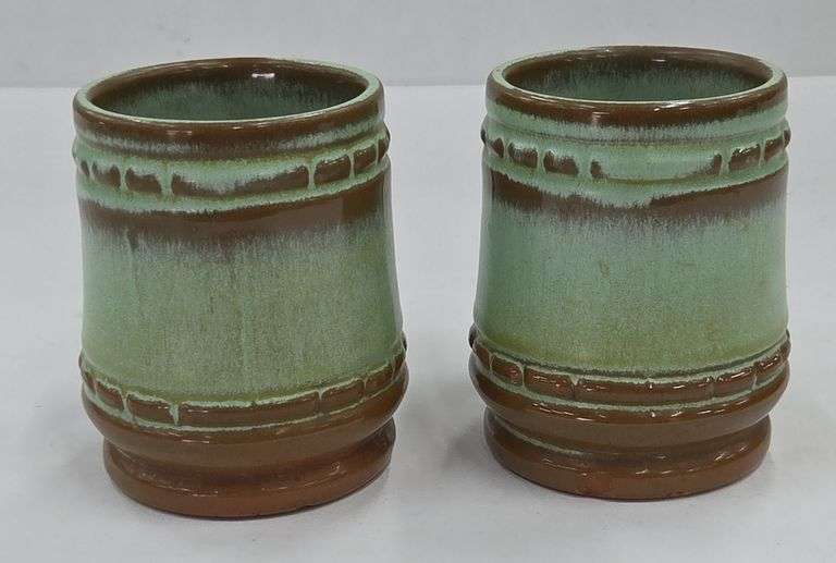 (Q) Frankoma Pottery Green & Brown Mugs