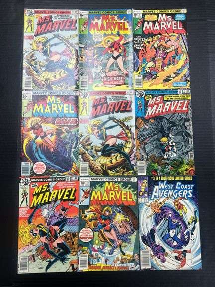 (J) Marvel Comics Captain Marvel, Ms. Marvel, And West Coast Avengers Comic Books.