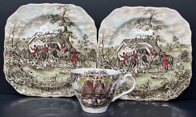 (Q) Two Tally Ho Stirrup Salad Plates And 1 Heritage Hall Colonial Overhang Ironstone Cup, Johnson Bros Collection