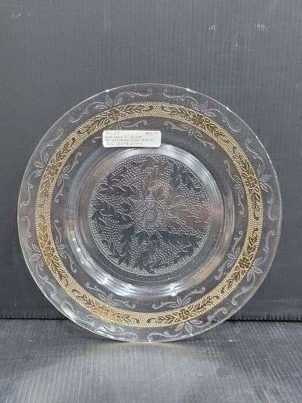 (Q) Three Macbeth-Evans Stippled Rose Band Clear Glass Plates With Hold Band