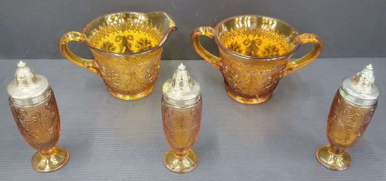 Q) Amber Glass - Indiana Glass Tiara - Salt, Pepper, Cream & Sugar Dishes