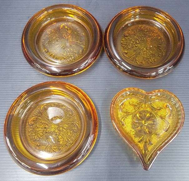 Q) Amber Glass - Indiana Glass Tiara - Coasters & Heart Trinket Dish