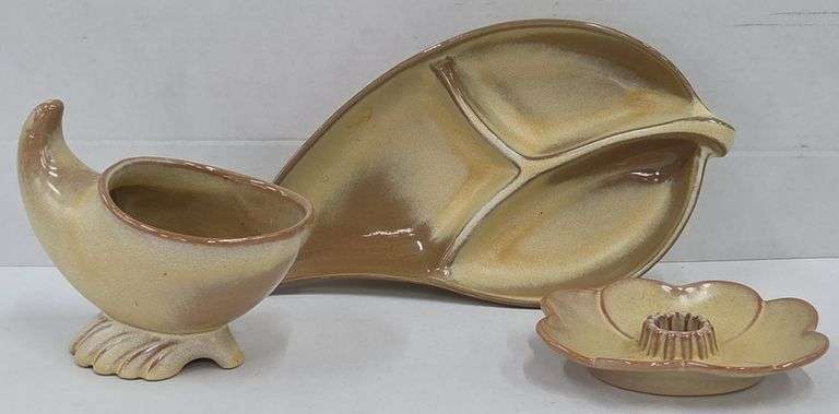 (Q) Frankoma Yellow & Brown Pottery Candlestick Holder, Planter, And Divided Relish Tray