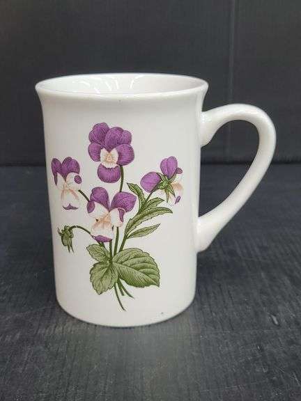 (Q) Set Of 10 Fannie May Coffee Mugs With Purple And White Pansies