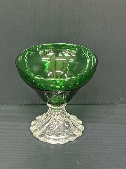 (Q) Set Of 7 Anchor Hocking Forest Green "Burple" Footed Champagne/Sherbet Glasses