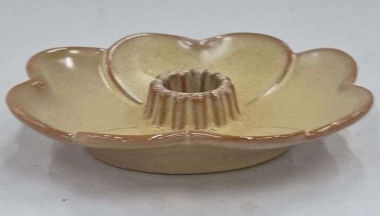 (Q) Frankoma Yellow & Brown Pottery Candlestick Holder, Planter, And Divided Relish Tray