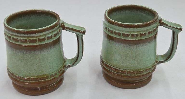 (Q) Frankoma Pottery Green & Brown Mugs