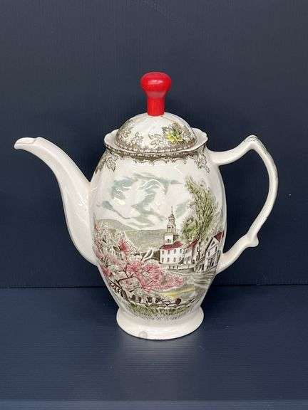(Q) Johnson Brothers "The Friendly Village" Coffee Pot, Creamer And Sugar Bowl