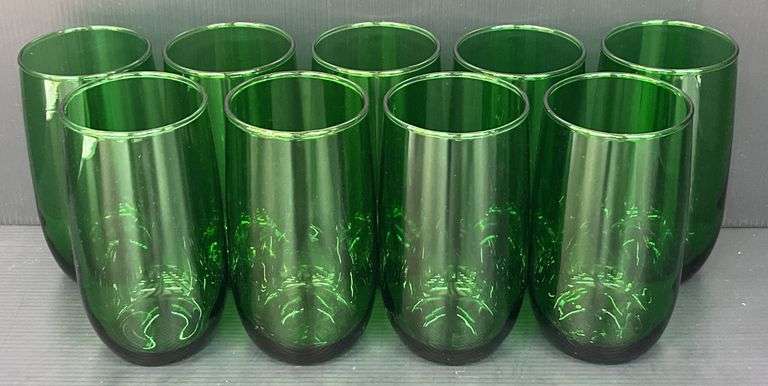 (Q) 9 Anchor Hocking Roly Poly Forest Green Juice/ Iced Tea Glasses