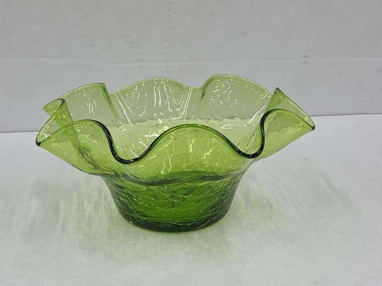 (Q) Blenko Olive Green Crackled Glass Ruffle Bowl And Olive Green Seeded Glass Bottle