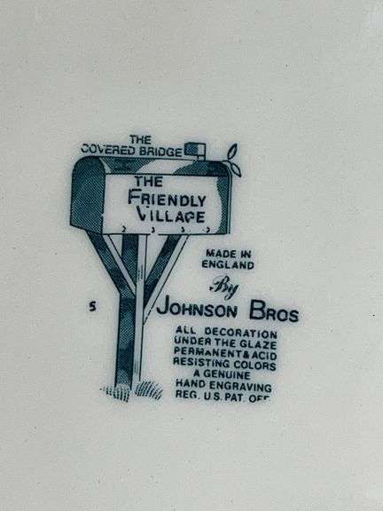 (Q) 8 Covered Bridge Pattern Salad Plates From The Friendly Village Johnson Bros Collection