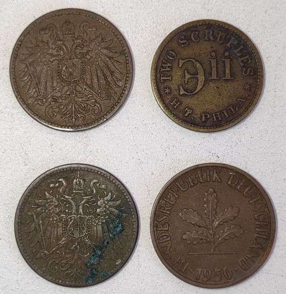 1910 & 1991 Austrian 2 Heller Coins, 10 Pfennig 1950 German Coin & H.T ...