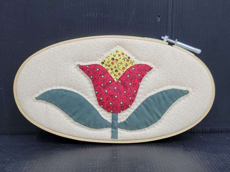 (Q) Quilted Flowers Applique Hand Stitched And Displayed In Embroidery Hoops