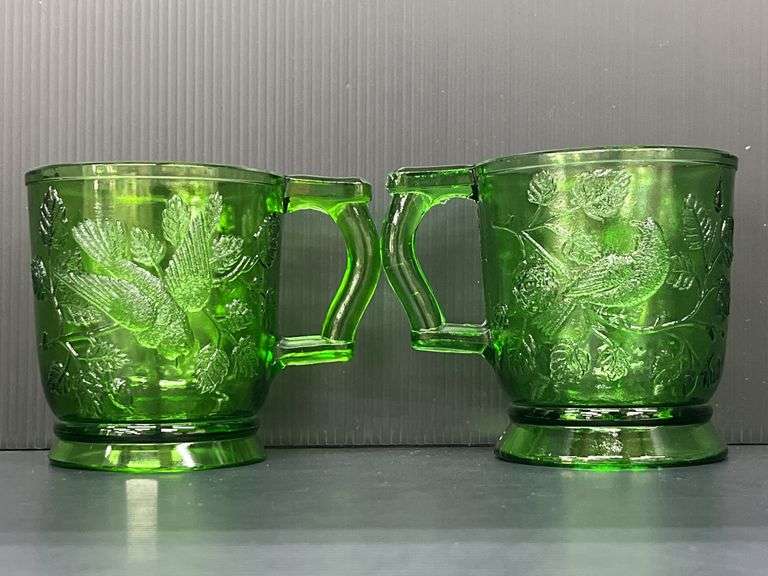 (Q) Two Mosser Glass Mugs with the "Robin in a Tree" Pattern And A Small Fidenza Vase