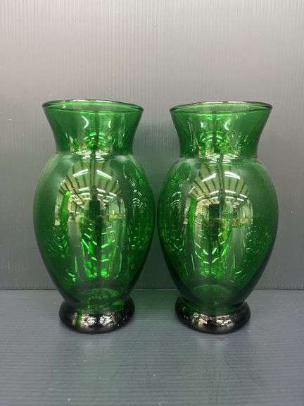 (Q) FTD Emerald Glass Vase 1978, 2 Medium Emerald Glass Vases And 1 Thin Light Green Vase