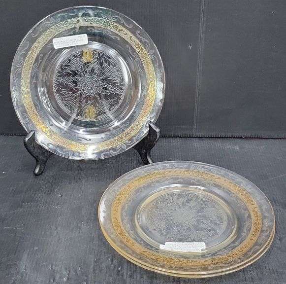 (Q) Three Macbeth-Evans Stippled Rose Band Clear Glass Plates With Hold Band