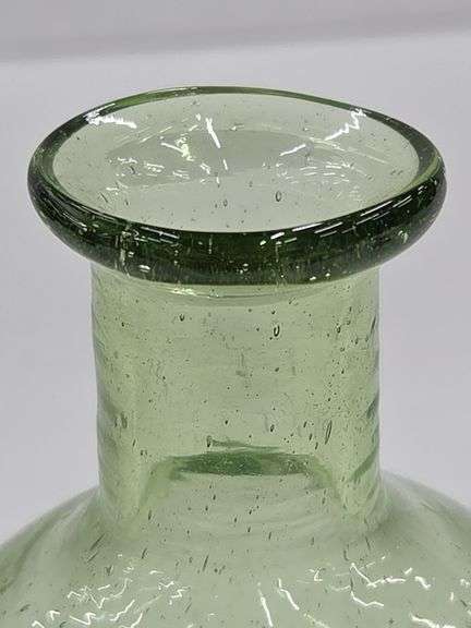(Q) Blenko Olive Green Crackled Glass Ruffle Bowl And Olive Green Seeded Glass Bottle