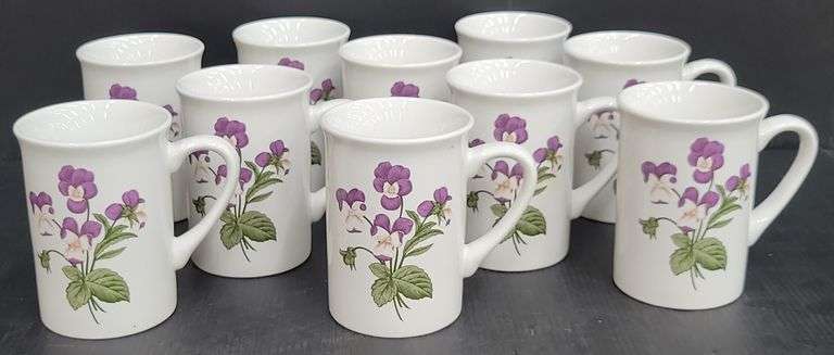 (Q) Set Of 10 Fannie May Coffee Mugs With Purple And White Pansies